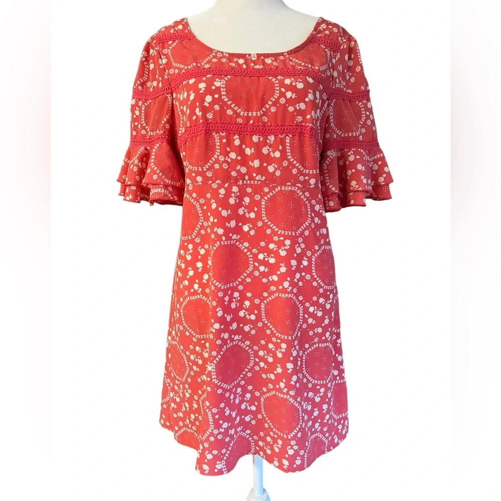 FREE PEOPLE Coral Geo Garden Shift Dress Size 6 Ruffle Sleeve Boho Floral Pink